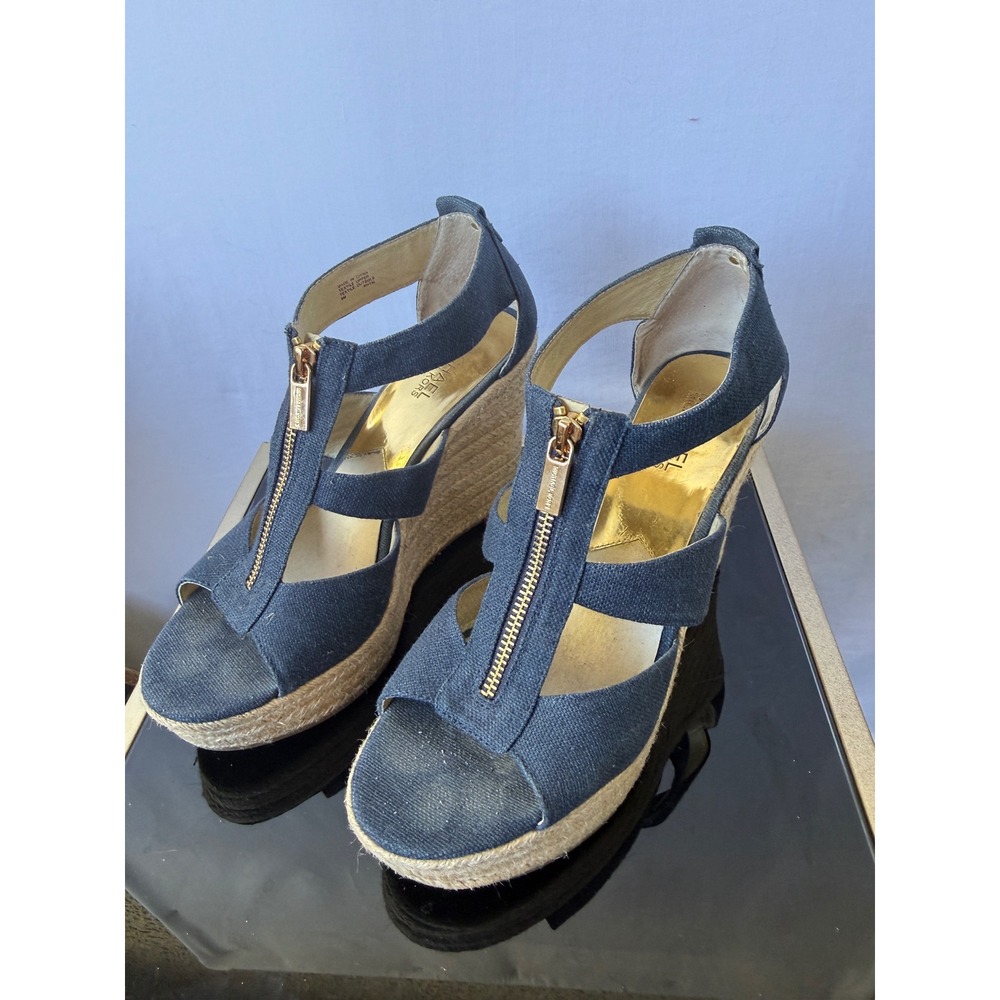 Michael Michael Kors Damita Navy Blue Espadrille Wedge Sandals Gold Zip RH14L 9M - Picture 2 of 7